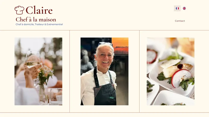 Page d'accueil de Claire, chef à la maison : logotype bordeaux et trois photos, un toast, la cheffe souriante et une assiette dressée.